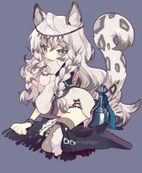  animal_ears animal_print arknights bell boots braid commentary female fur-trimmed_boots fur_trim grey_background grey_eyes grey_hair grey_thighhighs high_heel_boots high_heels leopard_ears leopard_print leopard_tail long_hair looking_at_viewer peroppafu pramanix_(arknights) simple_background sitting solo tail thighhighs turtleneck twin_braids wariza wristband 