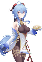  ahoge bare_shoulders bell black_legwear black_leotard blue_gloves blue_hair blush breasts chinese_knot commentary_request detached_sleeves female flower_knot food ganyu_(genshin_impact) genshin_impact gloves gold_trim h-orita highres holding holding_food horns legs_together leotard leotard_under_clothes long_hair looking_at_viewer medium_breasts neck_bell partial_commentary prosperous_peace_(genshin_impact) purple_eyes sidelocks smile solo standing thighlet thighs white_background white_sleeves 