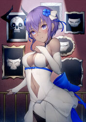  banned_artist bare_shoulders blue_bow blue_flower blush bow breasts bridal_gauntlets cleavage cleavage_cutout commentary_request dark_skin dress elbow_gloves eyebrows_visible_through_hair fate/grand_order fate_(series) female flower gloves hair_between_eyes hair_flower hair_ornament hand_on_own_chest hassan_of_serenity_(fate) holding_railing kyoeiki light_smile navel navel_cutout picture_frame purple_eyes purple_hair short_hair skull_mask sleeveless sleeveless_dress solo white_dress white_gloves 