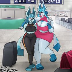  1:1 airport anthro anthrofied arm_over_shoulder athletic_wear belly big_breasts black_clothing blue_body blue_eyes blue_fur blue_hair blue_nose blush bottomwear bra breasts cleavage_cutout closed_eyes clothed clothing crystal_(puppeon) curvy_figure cutout detailed_background duo eeveelution english_text female female/female fur fur_markings furgonomics generation_4_pokemon glaceon hair hands_behind_back hi_res hindpaw huge_breasts keyhole_clothing keyhole_turtleneck lips lipstick long_hair looking_at_viewer makeup markings miniskirt nintendo nipple_outline overweight overweight_anthro overweight_female pants paws pink_bottomwear pink_clothing pink_lips pink_lipstick pink_skirt pokemon pokemon_(species) pokemorph pose puppeon saphira_(puppeon) short_hair sibling_(lore) sister_(lore) sisters_(lore) skirt smile sports_bra standing standing_position suitcase sweater tail tail_through_skirt text thick_thighs tight_bottomwear tight_clothing tight_skirt tight_topwear topwear turtleneck underwear voluptuous wide_hips yoga_pants 