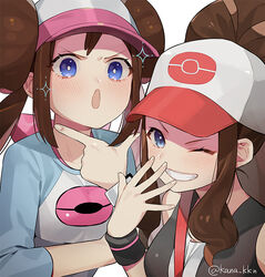  2girls baseball_cap blue_eyes blush brown_hair collarbone hand_on_own_face hat hilda_(pokemon) jacket kaidou_j1 laughing long_hair multiple_girls one_eye_closed open_mouth pokemon pokemon_bw pokemon_bw2 pokemon_masters_ex rosa_(pokemon) shirt simple_background smile sparkle white_background 