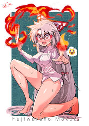  barefoot bow burning carte character_name female fire fujiwara_no_mokou hairbow highres long_hair looking_at_viewer no_pants on_one_knee pyrokinesis red_eyes shirt solo star-shaped_pupils star_(symbol) symbol-shaped_pupils touhou underwear very_long_hair white_shirt 