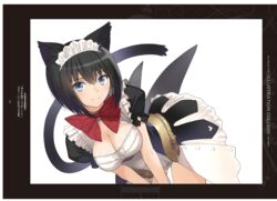  absurdres animal_ears black_hair blue_eyes blush bow breasts cat_ears cat_tail cleavage closed_mouth female guilty_princess hair_ornament highres leaning_forward looking_at_viewer maid maid_headdress maidroid_miao medium_breasts non-web_source page_number puffy_short_sleeves puffy_sleeves red_bow scan shiny_skin short_hair short_sleeves showgirl_skirt simple_background smile solo tail tony_taka 