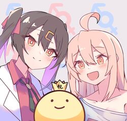  2girls :d ahoge black_hair bolo_tie brown_eyes c: collarbone commentary_request eyes_visible_through_hair hair_between_eyes hair_ornament hairclip highres lab_coat long_hair male-female_symbol mix_(mixed) multicolored_hair multiple_girls off_shoulder onii-chan_wa_oshimai! open_mouth oyama_mahiro oyama_mihari pink_hair purple_hair red_shirt shirt siblings sisters smile sparkling_eyes split_mouth twintails two-tone_hair wing_collar 