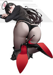  ass baige0 black_footwear black_hair black_panties black_pantyhose blue_archive commentary_request female from_behind hair_spread_out halo high_heels highres long_hair long_sleeves looking_at_viewer nail_polish panties pantyhose red_eyes red_nails rio_(blue_archive) solo thighs underwear very_long_hair 