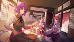  4girls bird black_skirt closed_mouth commentary_request cuffs drum drumsticks flute furahata_gen highres holding holding_drumsticks horikawa_raiko indoors instrument jacket japanese_clothes kimono long_sleeves looking_at_viewer multiple_girls purple_hair red_hair red_kimono sample_watermark shackles shirt short_hair skirt sukuna_shinmyoumaru tatami touhou tsukumo_benben tsukumo_yatsuhashi watermark white_jacket white_shirt white_skirt 