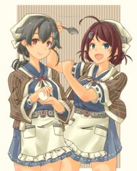  2girls absurdres ahoge apron bandana black_hair blue_eyes blue_sailor_collar blue_serafuku blue_skirt braid braided_hair_rings bras_d&#039;honneur breasts brown_hair brown_shawl chougei_(kancolle) cowboy_shot eyebrows food hair_flaps hair_ornament hair_rings hairclip headgear highres holding holding_spoon jingei_(kancolle) kantai_collection large_breasts long_hair looking_at_viewer low_ponytail multiple_girls neckerchief onigiri open_mouth pleated_skirt pot-de red_eyes sailor_collar school_uniform serafuku shawl short_sleeves skirt smile spoon standing twin_braids twitter_username waist_apron whale_hair_ornament white_apron white_background white_bandana white_neckerchief 