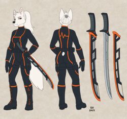  2022 5_fingers anthro arctic_fox black_nose bodysuit boots breasts canid canine clothed clothing digital_media_(artwork) female fingers footwear fox front_view fur gloves hair handwear hi_res holding_melee_weapon holding_object holding_sword holding_weapon humanoid_hands inner_ear_fluff looking_at_viewer mammal melee_weapon model_sheet mosa murmur_(slanda) ponytail rear_view red_eyes signature skinsuit solo standing sword tight_clothing true_fox tuft weapon white_body white_fur white_hair winter_pelt 