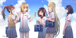  5girls :d bag black_hairband blonde_hair blue_hair blue_sky bow bowtie brown_hair candy closed_mouth cloud cloudy_sky commentary_request dated day dress_shirt flower food food_in_mouth giving green_eyes grey_skirt hair_flower hair_ornament hair_scrunchie hairband hairclip hand_up happy highres hitori_bocchi hitoribocchi_no_marumaru_seikatsu holding holding_bag holding_food honshou_aru kurai_kako lollipop long_hair looking_at_another medium_hair miniskirt mole mole_under_eye mouth_hold multiple_girls open_mouth outdoors pinwheel pleated_skirt ponytail red_bow red_bowtie red_eyes red_scrunchie sarasa_(kanbi) school_bag school_uniform scrunchie shirt short_hair short_sleeves shoulder_bag skirt sky smile sotoka_rakita standing sunao_nako sweater_vest twitter_username very_long_hair white_shirt yellow_sweater_vest 