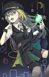  :d alina_gray amino_(li0a4) bad_id bad_pixiv_id black_hat black_ribbon black_vest cube female finger_to_cheek fingernails fishnet_socks fishnet_thighhighs fishnets floating floating_object fur-trimmed_legwear fur_bracelet fur_trim garter_straps green_eyes green_hair hat highres long_hair magia_record:_mahou_shoujo_madoka_magica_gaiden magical_girl mahou_shoujo_madoka_magica multicolored_clothes multicolored_skirt open_mouth ribbon see-through see-through_shirt see-through_sleeves shirt skirt smile socks solo soul_gem thighhighs vest white_shirt 