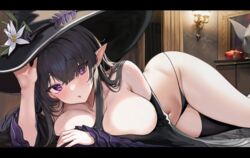  bare_shoulders black_hair blunt_bangs blush breasts detached_sleeves dress female flower hat hat_flower highres indoors large_breasts long_hair looking_at_viewer lying micro_panties navel on_side original panties parted_lips pointy_ears purple_eyes single_thighhigh solo thighhighs thighs tongtangtong underwear witch witch_hat 