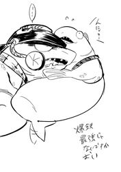  anthro armor big_shot_(splatoon) black_and_white clothing cuddling dialogue duo fish hi_res hug japanese_text male male/male marine monochrome nintendo overalls overweight overweight_male salmonid_(splatoon) sitakehanken speech_bubble splatoon steelhead text translation_request vacant_stare 