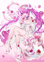  breasts cake cleavage dress female food frills hair_ornament hairclip hands_up heart high_heels highres large_breasts long_hair long_sleeves looking_at_viewer natsuiro_xx open_mouth original pink_theme purple_eyes purple_hair short_dress sideless_outfit sidelocks smile socks solo spaghetti_strap teapot thighlet thighs tiara tongue tongue_out twintails very_long_hair white_dress white_footwear white_socks 