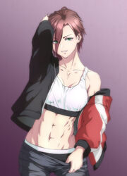  abs arm_up bare_shoulders black_panties breasts brown_hair cleavage clothes_pull collarbone cowboy_shot crop_top female gradient_background green_eyes grey_pants hand_on_own_head highres idolmaster idolmaster_cinderella_girls idolmaster_cinderella_girls_starlight_stage jacket kawamura_kazuma kiba_manami long_sleeves looking_at_viewer midriff multicolored_clothes multicolored_jacket navel open_clothes open_jacket panties pants pants_pull parted_lips purple_background short_hair single_off_shoulder smile solo sports_bra standing tomboy toned two-tone_jacket underwear white_sports_bra 