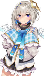  amane_kanata amane_kanata_(1st_costume) angel angel_wings armband asymmetrical_bangs asymmetrical_hair bad_id bad_twitter_id blue_hair bob_cut bow bowtie colored_inner_hair commentary cowboy_shot eyes_visible_through_hair feathered_wings female grey_hair hair_over_one_eye halo highres hololive long_sleeves multicolored_hair purple_eyes school_uniform short_hair simple_background single_hair_intake skirt smile solo star_halo streaked_hair virtual_youtuber wings yaman 