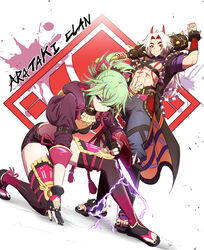  1boy abs absurdres arataki_itto arm_up black_coat black_nails black_shorts black_thighhighs club_(weapon) coat commentary_request crop_top female genshin_impact green_hair grey_pants highres holding holding_weapon horns jacket kanabou kuki_shinobu long_hair long_sleeves midriff nail_polish on_one_knee open_clothes open_coat over_shoulder pants ponytail purple_eyes purple_jacket red_eyes revision samacho short_hair short_shorts short_sleeves shorts thighhighs very_long_hair weapon weapon_over_shoulder white_background white_hair 