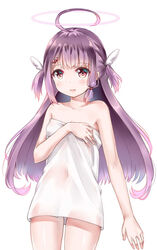  ahoge blush breasts covering_privates female hair_ornament halo holding holding_towel indie_virtual_youtuber light_purple_hair long_hair naked_towel nude_cover piero_(qiongrenjiang) red_eyes small_breasts solo towel virtual_youtuber winged_hair_ornament winged_hair_tie yumeno_shiori 