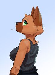  2021 absurd_res anthro blush breasts brown_body brown_fur canid canine canis clothed clothing domestic_dog eyebrow_piercing facial_piercing female fur gradient_background green_eyes hi_res mammal piercing rose_naire ruribec shirt simple_background solo tank_top topwear ventura_city_drifters 