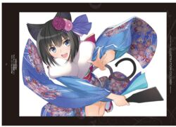  absurdres animal_ear_fluff animal_ears black_hair blue_eyes female floral_print fur_trim guilty_princess hagoita hair_ornament highres holding japanese_clothes kimono long_hair looking_at_viewer maidroid_miao non-web_source open_mouth paddle page_number sandals scan short_hair simple_background smile solo tabi tony_taka white_legwear wide_sleeves 