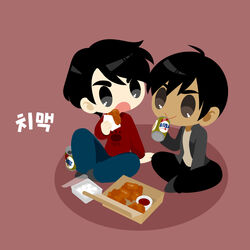  2boys :&gt; :o beer_can black_hair black_pants blue_pants can dark-skinned_male dark_skin drink_can eating food food_request grey_eyes highres indian_style kaorin_minogue korean_text lee_seung-gil male_focus multiple_boys pants phichit_chulanont red_background sitting yuri!!!_on_ice 