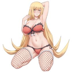  arm_behind_head arm_up blonde_hair blush breasts closed_mouth commentary english_commentary female fishnet_thighhighs fishnets hair_between_eyes hand_up highres kiss-shot_acerola-orion_heart-under-blade kizumonogatari large_breasts long_hair mixed-language_commentary monogatari_(series) navel oshino_shinobu pointy_ears sarhce simple_background solo thighhighs vampire wavy_mouth white_background yellow_eyes 