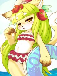  animal_ears animal_nose bikini bikini_skirt blush body_fur cat_ears cat_girl cat_tail collarbone commentary_request cowboy_shot eating female food frilled_bikini frills fullbokko_heroes furry furry_female green_hair highres holding holding_swim_ring ice_cream innertube kushinada_(fullbokko_heroes) long_hair navel ocean slit_pupils solo sweat swim_ring swimsuit tail takeshi-kemo tongue tongue_out two-tone_fur white_fur yellow_fur 