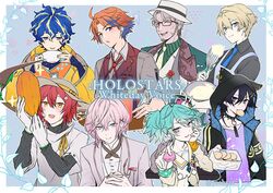  6+boys :d ;d ahoge alternate_costume animal_hood aqua_eyes aqua_hair arm_support arurandeisu arurandeisu_(old_design) astel_leda astel_leda_(old_design) baking bartender black_hair black_hoodie black_shirt blonde_hair blue_eyes blue_neckwear blush box brown_vest cacao_fruit closed_mouth coat collar commentary_request cookie cream cross_tie cup drinking_glass everyone facial_hair feeding flat_color flower food food_in_mouth formal fruit glasses gloves green_eyes green_hair green_jacket grey_hair hair_between_eyes hair_flower hair_ornament hanasaki_miyabi hanasaki_miyabi_(1st_costume) hand_on_own_cheek hand_on_own_face hat heterochromia holding holding_cup holding_food holding_fruit holding_hands holding_whisk holostars hood hood_up hoodie jacket kagami_kira kanade_izuru kanade_izuru_(1st_costume) kishido_temma kishido_temma_(1st_costume) lapel_pin layered_sleeves lightning_bolt_hair_ornament lightning_bolt_symbol long_sleeves looking_at_cup looking_at_viewer macaron male_focus medium_hair mixing_bowl mole mole_under_eye multicolored_hair multiple_boys neck_ribbon necktie o-ring official_alternate_costume one_eye_closed open_mouth orange_eyes otoko_no_ko own_hands_together pink_hair polka_dot pom_pom_(clothes) pov purple_eyes purple_shirt rabbit_hair_ornament red_hair red_ribbon ribbon rikka_(holostars) shirt short_hair short_over_long_sleeves short_sleeves short_twintails smile spiked_collar spikes streaked_hair suit teacup tearing_up turtleneck twintails two_side_up vest virtual_youtuber whisk white_day white_flower white_gloves white_headwear wing_collar x_hair_ornament yaeyama_reishi yellow_eyes yellow_ribbon yukoku_roberu yukoku_roberu_(1st_costume) 