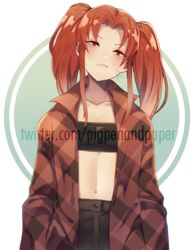  bandeau black_bandeau black_pants borrowed_character breasts brown_eyes brown_hair brown_jacket cleavage collarbone commentary_request commission female head_tilt highres jacket long_hair navel numbers_(pigpenandpaper) open_clothes open_jacket original pants parted_bangs plaid plaid_jacket small_breasts solo strapless twintails unmoving_pattern watermark web_address whiskers 