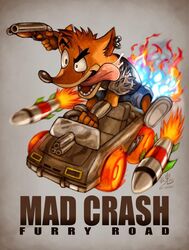  2019 activision anthro bandicoot bodily_fluids car clothing crash_(series) crash_bandicoot driving drooling ear_piercing ear_ring english_text fire footwear fur gun holding_object holding_weapon inside_car mad_max male mammal marsupial missile open_mouth parody piercing ranged_weapon ring_piercing ry-spirit saliva sawed-off_shotgun shotgun signature solo text tongue tongue_out vehicle weapon 