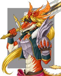  abs anthro armor armordragon asian_mythology blonde_hair blue_eyes breastplate bushiroad claws clothing dragon east_asian_mythology eastern_dragon fangs fire_sword_doble future_card_buddyfight hair headgear headwear hi_res horn long_hair looking_at_viewer male melee_weapon mythological_creature mythological_scalie mythology nuree_art orange_body pinup pose scalie shirt simple_background smile smirk solo sword tail tail_motion tailwag tan_body teeth topwear weapon weapon_on_shoulder 