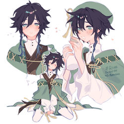  1boy beret black_hair blue_eyes blue_hair blush braid cape commentary_request drunk flower_knot genshin_impact gradient_hair green_cape green_hat hat male_focus multicolored_hair official_alternate_costume pantyhose shirt short_hair_with_long_locks solo suikou_(genshin_impact) suke_81 twin_braids venti_(genshin_impact) white_shirt 