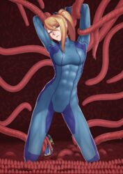  abs arms_up blonde_hair blue_bow blue_eyes blush bodysuit bound bound_arms bow breasts commentary female hair_between_eyes highres kneeling long_hair medium_breasts metroid mole mole_under_mouth ponytail putcher samus_aran solo tentacle tentacle_pit zero_suit 