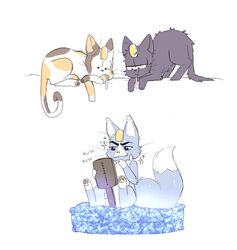  2019 alternate_species bed blue_body blue_fur calico_cat domestic_cat english_text felid feline felis feral full-length_portrait fur furniture furrification group hi_res ichimatsu_matsuno karamatsu_matsuno male mammal matsu_qin mirror mottled mr._osomatsu osomatsu_matsuno piebald portrait sparkles text whiskers 