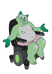  3_toes 4_fingers anthro bent_arm bottomwear clothing digital_media_(artwork) feet fingers fred_(fredrick_brennan) fur green_body green_fur hi_res looking_at_viewer male mammal motorized_wheelchair mouth_closed navel nipples overweight overweight_male pocketfurry procyonid raccoon shorts sitting slightly_chubby solo toes vehicle wheelchair 