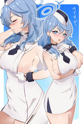  absurdres ako_(blue_archive) blue_archive blue_eyes blue_hair blush breasts clenched_teeth closed_eyes covered_navel dress female garrison_cap gloves hair_between_eyes halo hat highres large_breasts long_hair looking_at_viewer multiple_views necktie nolmo official_alternate_costume open_mouth short_dress sideboob sweat teeth thighs translation_request utnapishtim_operator_uniform_(blue_archive) white_dress white_gloves white_headwear 