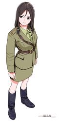  alternate_costume artist_name belt black_belt black_hair blue_eyes boots brown_footwear brown_jacket brown_skirt closed_mouth commentary dated dress_shirt epaulettes female full_body girls_und_panzer green_neckerchief green_shirt highres horikou insignia jacket long_hair long_sleeves looking_to_the_side military military_uniform neckerchief nonna_(girls_und_panzer) one-hour_drawing_challenge pencil_skirt sam_browne_belt shirt signature simple_background skirt solo soviet soviet_army standing swept_bangs uniform white_background wing_collar 