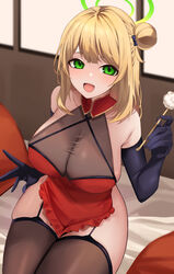  :d absurdres bed blue_archive breasts china_dress chinese_clothes cleavage dress elbow_gloves female garter_straps gloves green_eyes hair_bun highres indoors large_breasts light_brown_hair looking_at_viewer mimikaki nonomi_(blue_archive) pillow red_dress see-through single_side_bun sleeveless smile soar_sora222 solo thighhighs 