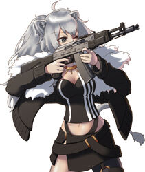  adidas ahoge aiming ak-105 animal_ears artist_name assault_rifle breasts building cleavage commentary crane_(machine) crossover english_commentary escape_from_tarkov female fur-trimmed_jacket fur_trim grey_eyes grey_hair gun highres holding holding_gun holding_weapon hololive jacket jewelry large_breasts lion_ears lion_girl lion_tail long_hair magazine_(weapon) navel necklace one_eye_closed parody rifle see-through see-through_cleavage shirt shishiro_botan shishiro_botan_(1st_costume) skyscraper solo ssgt-lulz tail virtual_youtuber weapon white_background 