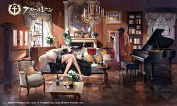  azur_lane bare_shoulders black_dress bookshelf bottle bouquet breasts chandelier cleavage clothes_between_thighs coat coat_rack commentary_request couch cup dress drinking_glass drunk female flower flower_in_mouth full_body green_hair gujianshaonu high_heels holding holding_flower huge_breasts indoors instrument jewelry lamp littorio_(azur_lane) littorio_(calabria_aurea)_(azur_lane) long_dress long_hair manjuu_(azur_lane) monocle necklace official_alternate_costume official_art piano portrait_(object) red_eyes rose second-party_source skindentation strapless strapless_dress tears thigh_strap very_long_hair white_footwear wine_bottle wine_glass 