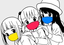  3girls akamatsu_yui aoyama_kotoha_(mitsuboshi_colors) blunt_bangs commentary coronavirus_pandemic grey_background greyscale hair_bobbles hair_ornament hand_on_another&#039;s_shoulder hat highres hood hood_down hoodie katsuwo_(cr66g) kise_saki long_hair long_sleeves looking_at_viewer mask mitsuboshi_colors monochrome mouth_mask multiple_girls short_hair short_ponytail side_ponytail simple_background spot_color surgical_mask upper_body 