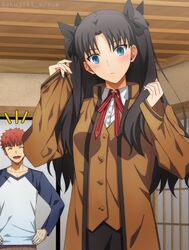  1boy akujiki59 artist_name black_hair blue_eyes blush breasts closed_eyes collarbone commentary_request emiya_shirou fate/stay_night fate_(series) female hand_on_own_hip homurahara_academy_school_uniform indoors long_hair long_sleeves open_mouth orange_hair oversized_clothes school_uniform small_breasts tohsaka_rin tongue twitter_username watermark 