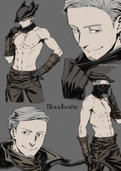  1boy abs bare_shoulders belt bloodborne brown_belt brown_gloves brown_headwear brown_pants closed_mouth copyright_name facial_hair frown gloves goatee grey_hair hat highres hunter_(bloodborne) kamezaemon male_focus multiple_views navel pants short_hair smile topless_male tricorne 