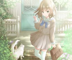  arm_up bag blue_bow blue_bowtie bow bowtie brown_serafuku brown_skirt commentary_request door feline female fence flower green_eyes hair_ribbon highres holding holding_bag hoshiibara_mato house light_brown_hair long_sleeves open_mouth original pleated_skirt ribbon sailor_collar school_bag school_uniform serafuku sett sidelighting skirt sleeve_cuffs solo standing standing_on_one_leg thighhighs two_side_up uniform white_sailor_collar white_thighhighs zettai_ryouiki 