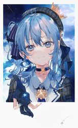  :3 beret black_gloves blue_choker blue_eyes blue_hair blue_nails blue_ribbon blue_sky choker cloud comet commentary crown faux_photograph female gloves grey_hat hair_ribbon hand_up hat highres hololive hoshimachi_suisei hoshimachi_suisei_(1st_costume) long_hair looking_at_viewer mini_crown partially_fingerless_gloves pentagram plaid plaid_headwear plaid_shirt polaroid ribbon shia_job shirt side_ponytail sidelocks sky solo star_(sky) star_(symbol) star_choker star_in_eye symbol_in_eye tears upper_body virtual_youtuber 