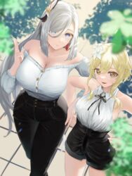  2girls absurdres alternate_costume black_pants black_ribbon black_shorts blonde_hair blue_eyes blurry blurry_foreground breasts cleavage commentary_request denim earrings flower from_above genshin_impact grey_hair hair_flower hair_ornament hair_over_one_eye hands_on_own_hips highres jewelry large_breasts light_rays long_hair looking_up lumine_(genshin_impact) multiple_girls neck_ribbon off-shoulder_shirt off_shoulder open_mouth outdoors pants ribbon shadow shenhe_(genshin_impact) shirt shirt_tucked_in shorts sleeveless smile sunbeam sunlight tassel tassel_earrings yellow_eyes yumeto_(ym-1) 