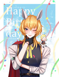  1boy absurdres animal_crossing animal_ears artist_name blonde_hair blue_eyes blush bow bowtie cape closed_eyes cloud colton_(animal_crossing) dated furry furry_male gloves happy_birthday highres horse_boy horse_ears humanization long_hair male_focus multiple_views one_eye_closed petals sky sparkle yukinari_kyuxtu 