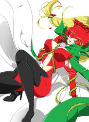  black_footwear blonde_hair boots breasts cape covered_eyes digimon digimon_(creature) dominatrix elbow_gloves female flower gloves green_cape high_heel_boots high_heels highres large_breasts long_hair mask navel nue_(himetemari) petals red_gloves rosemon simple_background solo thigh_boots two-tone_cape white_background 