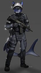  2021 absurd_res anthro armor assault_rifle blue_body blue_eyes blue_fur blue_hair bulletproof_vest canid canine clothing cz_bren_2 digital_media_(artwork) fangs fingerless_gloves fish fur gign gloves gun hair hair_over_eye handwear headgear helmet hi_res holster hybrid inner_ear_fluff looking_at_viewer male mammal marine one_eye_obstructed pgm300 ranged_weapon rifle scope shaded shark shark_tail short_hair solo standing teeth tuft weapon 