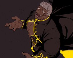  1boy abs asahi_(zabaniyan) bara black_background black_blood black_nails blood coat coat_lift collared_coat crazy crazy_eyes crazy_smile crotch_plate dark-skinned_male dark_skin facial_tattoo highres israfil_(housamo) large_pectorals long_sleeves male_focus manly mature_male muscular muscular_male open_mouth pectorals protected_link red_eyes sideburns smile solo spiked_hair tattoo teeth tight_clothes tokyo_afterschool_summoners tongue white_hair 