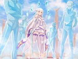  4others breasts cleavage cloud column commentary commission crystal day dress emilia_(re:zero) english_commentary female full_body hair_ribbon highres holding holding_sword holding_weapon long_hair magic medium_breasts miniskirt multiple_others outdoors pillar purple_eyes re:zero_kara_hajimeru_isekai_seikatsu ribbon sidelocks skirt sky standing sword thighhighs very_long_hair weapon white_dress white_hair white_thighhighs zerobarto 